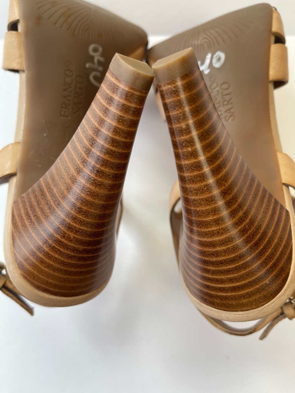 FRANCO SARTO TAN LEATHER WOVEN T-STRAP STACKED HEEL SANDALS - Picture 7 of 9